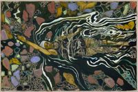 swimmer above coloured rock by Billy Childish contemporary artwork painting, works on paper, drawing