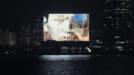 Screening of Growing Pillars on the M+ Facade, 2023 Commissioned by M+, 2023 Courtesy of Tromarama Photo: Moving Image Studio M+, Hong Kong 