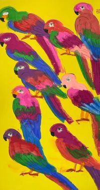 Nine Rainbow Parrots by Walasse Ting contemporary artwork painting, works on paper