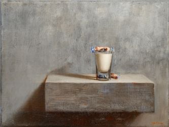 Chang Ya Chin, Just One Shot: White Rabbit, Milk, Shot Glass (2023). Oil on linen. 27.9 x 35.6 cm. Courtesy the artist and Kiang Malingue, Hong Kong.Image from:Wonton Pleasures with Chang Ya ChinRead InsightFollow ArtistEnquire