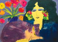 Beauty with Flowers and Cat by Walasse Ting contemporary artwork painting, works on paper, drawing