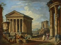 A Capriccio of Classical Ruins with the Maison Carrée at Nîmes, the Temple of the Sybil at Tivoli, the Pont du Gard near Nîmes and the Borghese Vase by Giovanni Paolo Panini contemporary artwork painting, works on paper