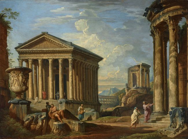 A Capriccio of Classical Ruins with the Maison Carrée at Nîmes, the Temple of the Sybil at Tivoli, the Pont du Gard near Nîmes and the Borghese Vase by Giovanni Paolo Panini contemporary artwork