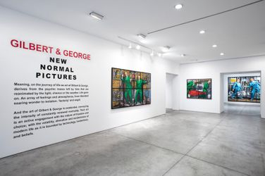 Exhibition view: Gilbert & George, NEW NORMAL PICTURES, Lehmann Maupin, 536 West 22nd Street, New York (9 September–6 November 2021). Courtesy the artist and Lehmann Maupin, New York, Hong Kong, Seoul, and London. Photo: Daniel Kukla.