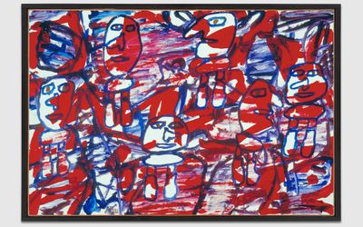 Jean Dubuffet, Site aléatoire avec 6 personnages (F54) (28 April 1982). Acrylic on canvas-backed paper with collage. 26 1/4 x 39 1/4 inches. © 2019 Artists Rights Society (ARS), New York / ADAGP, Paris. Courtesy Pace Gallery.