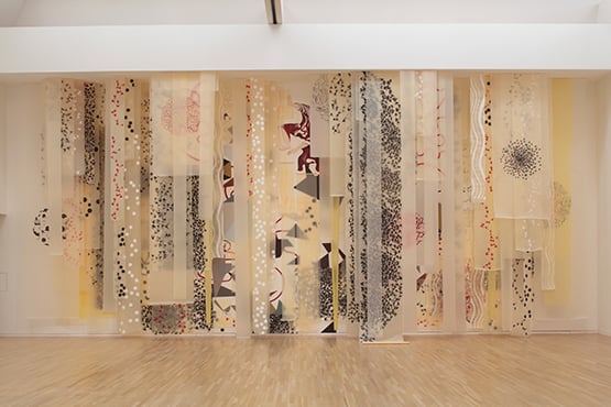 Shahzia Sikander, Echo (2010). Acrylic, ink on paper and wall, 25 x 55 feet. Installation at the Museum of Contemporary Art Tokyo.