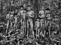Awa travel through the forest searching for signs of invaders and loggers, Awá-Guajá Indigenous Territory, state of Maranhão, Brazil, 2013 by Sebastião Salgado contemporary artwork photography