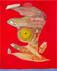 Figure on red with box and disc by Gareth Sansom contemporary artwork painting