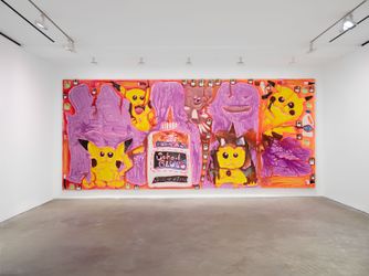 Exhibition view: Katherine Bernhardt, Dummy doll jealous eyes ditto pikachu beefy mimikyu rough play Galarian rapid dash libra horn HP 270 Vmax full art, David Zwirner, Hong Kong (20 May–5 August 2023). Courtesy the artist and David Zwirner, Hong Kong and Canada, New York.