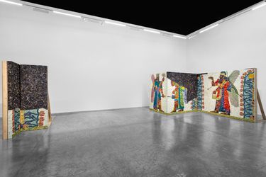 Exhibition view: Michael Rakowitz, The invisible enemy should not exist (Northwest Palace of Kalhu, Room S, Western Entrance), Green Art Gallery, Dubai (19 September–23 November 2022). Courtesy the artist and Green Art Gallery.