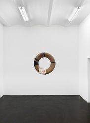 Exhibition view: Mathias Poledna, Untitled (2022). Vintage Michelin tube, 5.50/5.75/6.00/6.4-16, New Old Stock. 69 x 69 x 12 cm. Fine Important Post War and Contemporary, Galerie Buchholz, Köln (12 May–18 June 2022). Courtesy Galerie Buchholz.