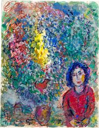 Femme au corsage rouge avec grand bouquet by Marc Chagall contemporary artwork painting