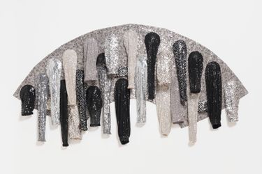 Hannah Gartside, Waiting (2023). Found polyester sequin dress c. 2010s, found polyester sequin dress and blouse sleeves c. 2010s, thread, shoulder pads, millinery wire, archival spray adhesive, stainless steel eyelets, deadstock cotton fabric, 114 x 221 x 14 cm. Photo by Chris Bowes. Courtesy Tolarno Galleries.