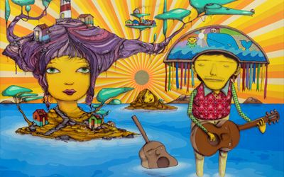OSGEMEOS, The pretty island (2019) (detail). Mixed media with sequins on MDF board sequins. 189.1 x 279.2 cm. ​Courtesy the artist and Lehmann Maupin, New York, Hong Kong, and Seoul.