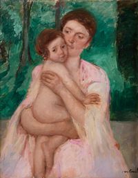 Femme en robe rose tenant un enfant dans ses bras by Mary Cassatt contemporary artwork painting, works on paper