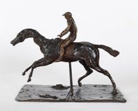 Cheval au galop sur le pied droit, le pied gauche arrière seul touchant terre ; jockey monté sur le cheval by Edgar Degas contemporary artwork sculpture