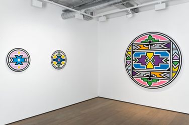 Exhibition view: Dr Esther Mahlangu, Where two rivers meet, Almine Rech, London (20 April–20 May 2023). Courtesy Almine Rech. Photo: Melissa Castro Duarte.