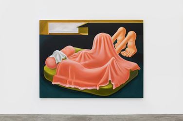 Louise Bonnet, Interior with Pink Blanket (2019). Oil on linen. 72 × 96 inches / 182.9 × 243.8 cm. © Louise Bonnet.