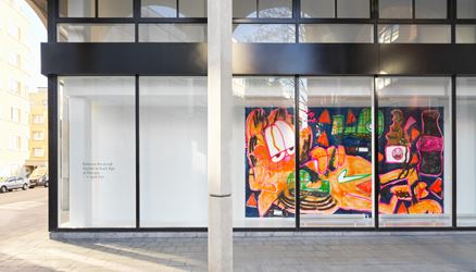 Exhibition view: Katherine Bernhardt, Garfield on Scotch Tape, Xavier Hufkens, 107 rue St-Georges, Brussels (22 February–6 April 2019). Courtesy Xavier Hufkens. Photo: Allard Bovenberg, Amsterdam.