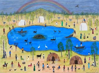 Marlene Gilson, Binbeal the Rainbow (2023). Acrylic on linen, 76 x 100 cm. Courtesy Martin Browne Contemporary.