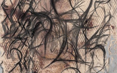 Peppi Bottrop, ConQuad (2021) (detail). Charcoal, graphite, metal pigments, rust converter, acrylic on canvas. 210 x 155 cm. Courtesy the artist and Pilar Corrias, London.