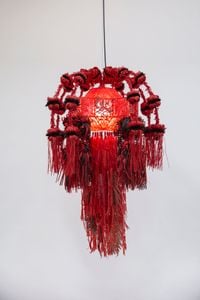 Mesmerizing Lantern – Four Guardians in Crimson Mesh by Haegue Yang contemporary artwork sculpture
