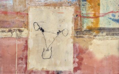 Sunneva Ása Weisshappel, Alienation (2021–2022). Encaustic, oil, oil stick, charcoal, textile and feathers on canvas. 80 x 60 cm. Courtesy Robilant + Voena.