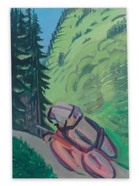 Motorrad im Wald / Motorradfahrer (Motorcycle in the Forest / Motorcyclist) by Maria Lassnig contemporary artwork painting