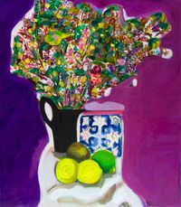 Still life with a black jug and tile by Angela Brennan contemporary artwork painting