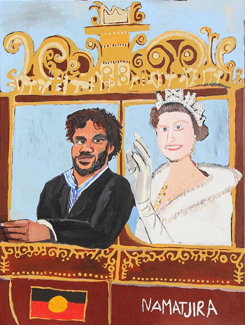 The Royal Tour (Vincent, Elizabeth and the Carriage) by Vincent Namatjira contemporary artwork