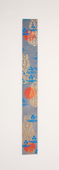 B5 - 3 red circles on blue background, 4 Bukhara floral patterns by Chant Avedissian contemporary artwork works on paper