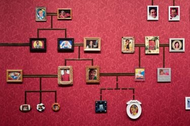 Nina Katchadourian, Genealogy of the Supermarket (2005–ongoing) (detail). Framed photographs and wood on wallpapered wall. 144 x 360 inches. Dimensions variable. © Nina Katchadourian. Courtesy Pace Gallery.