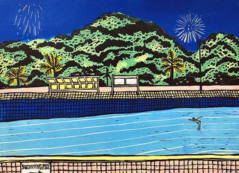 June Ho, Fireworks Over The Swimming Pool (2022). Linocut. 2 Editions. 29.7 x 42cm. Courtesy Karin Weber Gallery, Hong Kong. 