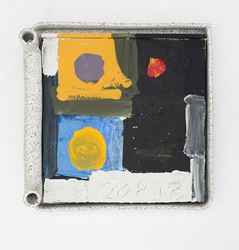 Jake Walker, #0094 (2018). Acrylic on linen, wood and glazed stoneware frame, 44 x 43 x 11 cm. Courtesy Gallery 9.