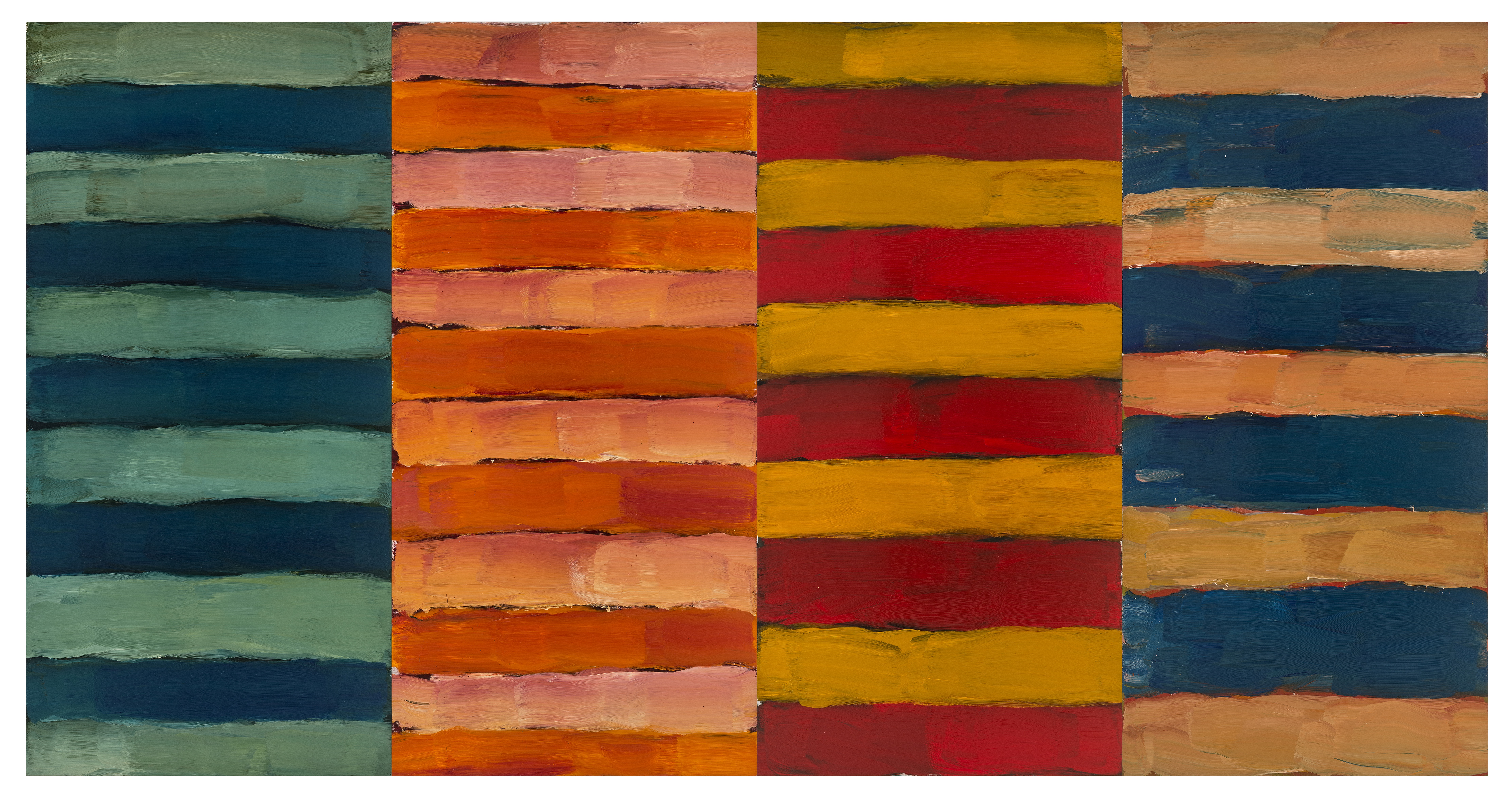 Image: Sean Scully, Four Days, 2015. Oil on aluminum, 110 x 213.5”. (279.4 x 542.3 cm). Private collection.
