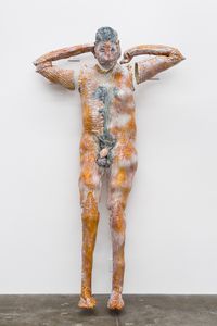 Showering Figure (Orange) by Christian Holstad contemporary artwork sculpture, ceramics
