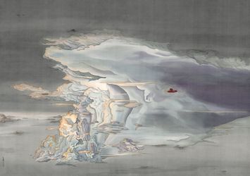 Frank Tang Kai-Yiu, Floating Plane (Porco Rosso) (2021). Ink and colour on silk. 85.7 x 122 cm. Courtesy Karin Weber Gallery, Hong Kong. 