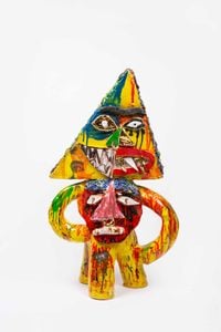 Triangular headed figure with mask by Ramesh Mario Nithiyendran contemporary artwork sculpture