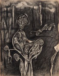 Untitled [Skeletal Figure with Baby and Children] by Ruth Lewin contemporary artwork works on paper, drawing