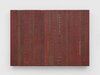 A slightly conservative tapestry in red by Theaster Gates contemporary artwork