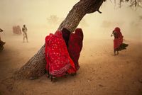 Women seek shelter from the dust storm, Rajasthan, India by Steve McCurry contemporary artwork print