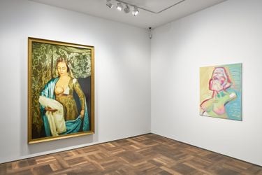 Exhibition view: Group Exhibition, Maria Lassnig & Cindy Sherman Curated by Peter Pakesch, Hauser & Wirth, St. Moritz (9 December–5 February 2022). © Maria Lassnig Foundation / © Cindy Sherman. Courtesy the Foundation / artist and Hauser & Wirth. Photo: Jon Etter.