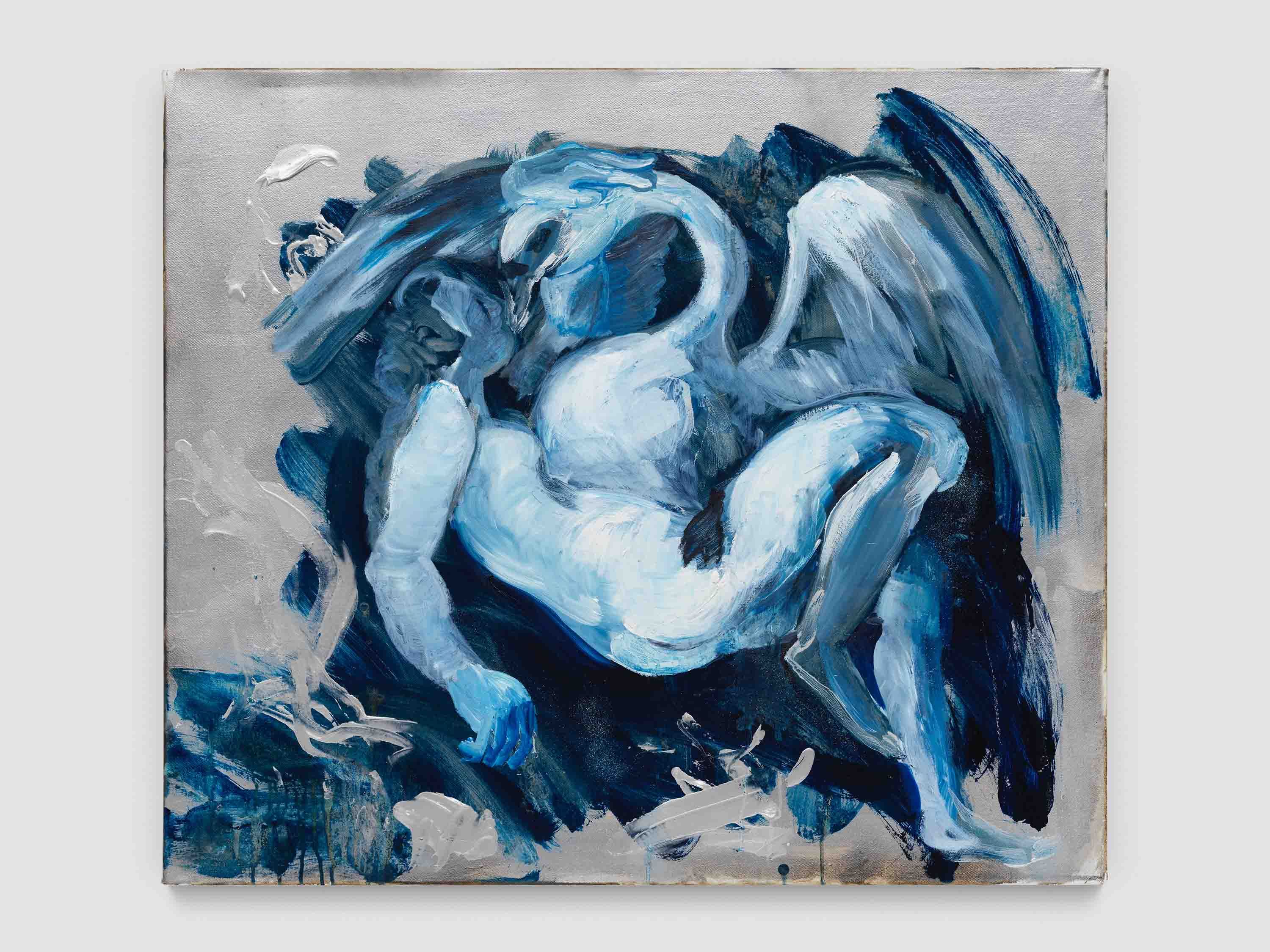 Klodin Erb, Leda und der Schwan #3 (2024). Spray paint, oil, acrylic and glitter on canvas. 78 × 90 cm.