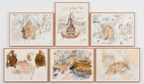 Soft mud termite mounds of the Mallee and cathedral termite mounds of Kakadu by John Wolseley contemporary artwork Painting