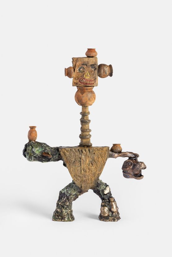 Vessel Figure with Masks and Dinosaur by Ramesh Mario Nithiyendran contemporary artwork Sculpture