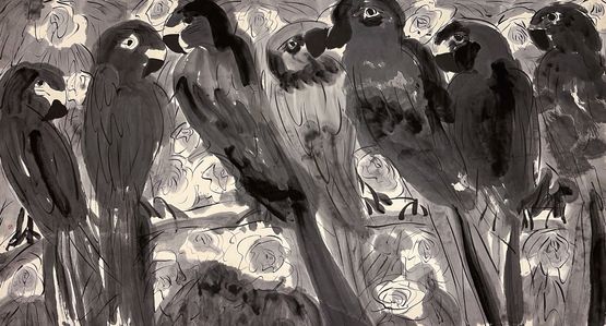 Seven Parrots and Roses BW by Walasse Ting contemporary artwork Works on Paper