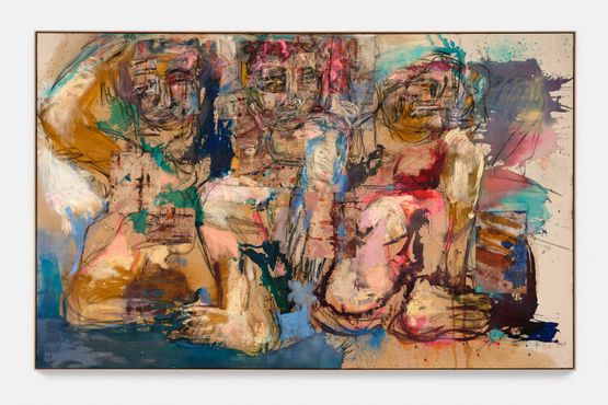 Three Immortals petrol blue and mustard yellow by Daniel Crews-Chubb contemporary artwork Painting