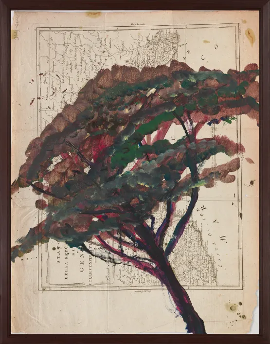 Portrait of Italy Through Its Trees Painting on Map X by Julian Schnabel contemporary artwork Works on Paper