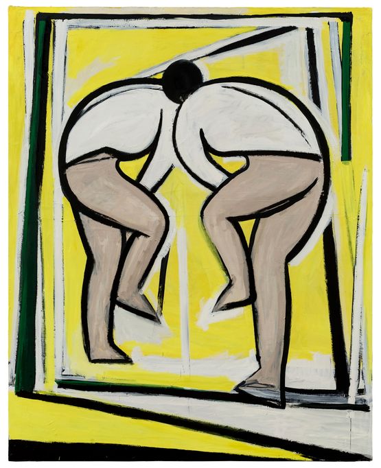 Untitled - Figures in Front of Yellow Background No. 3 by Liu Xiaohui contemporary artwork Painting
