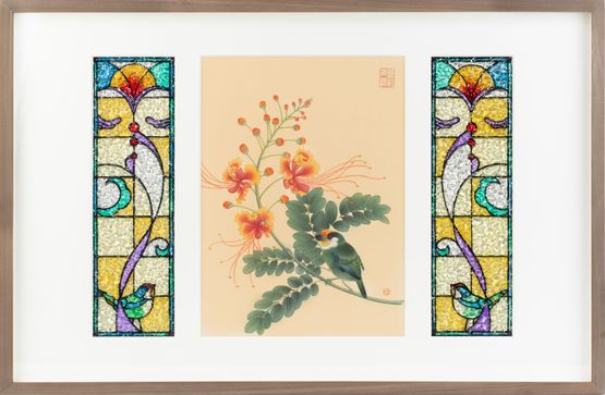 Peacock Flower and the Golden-throated Barbet by Cheuk Ka-Wai Cherie contemporary artwork Painting